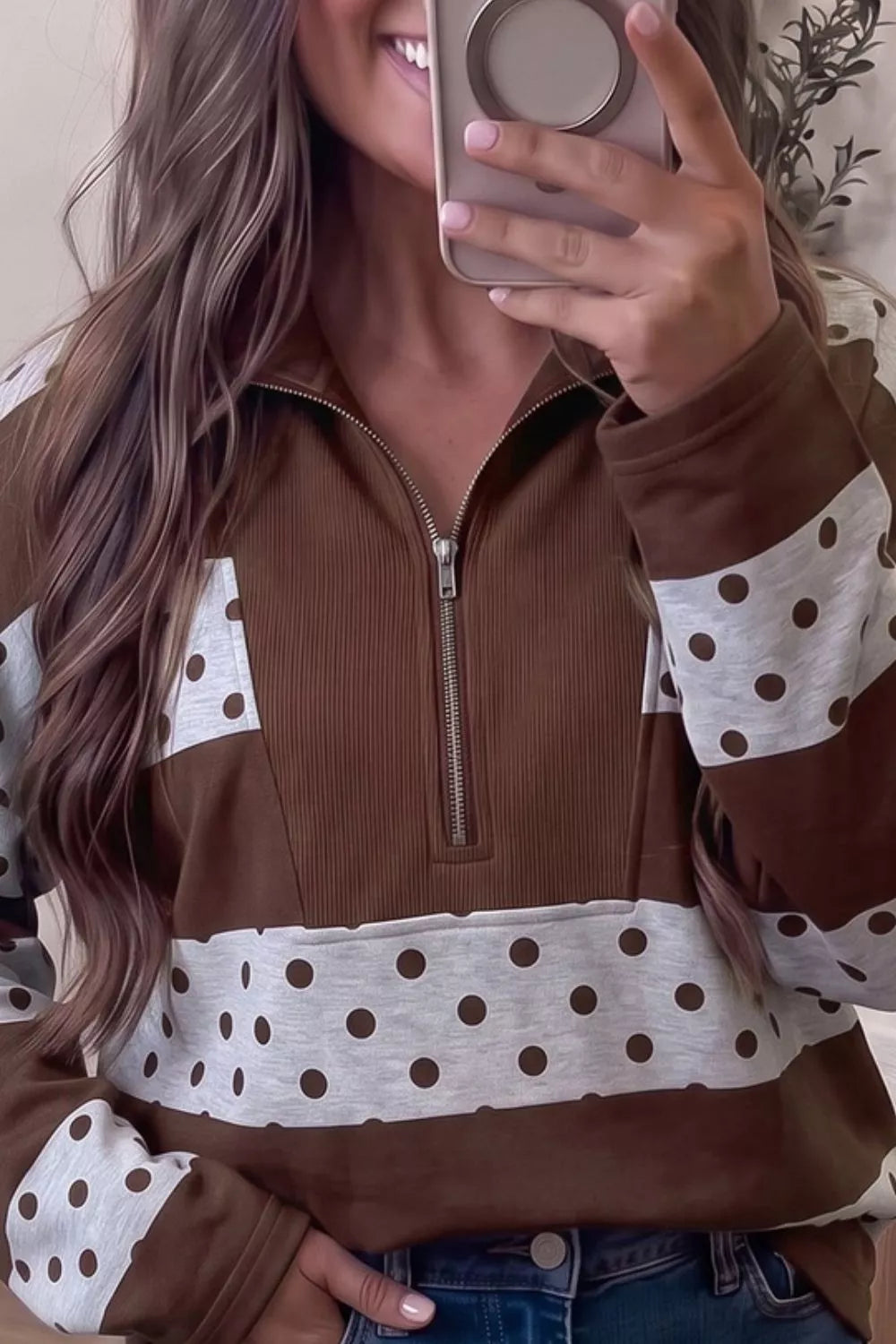 Womens Half Zip Polka Dot Sweatshirt