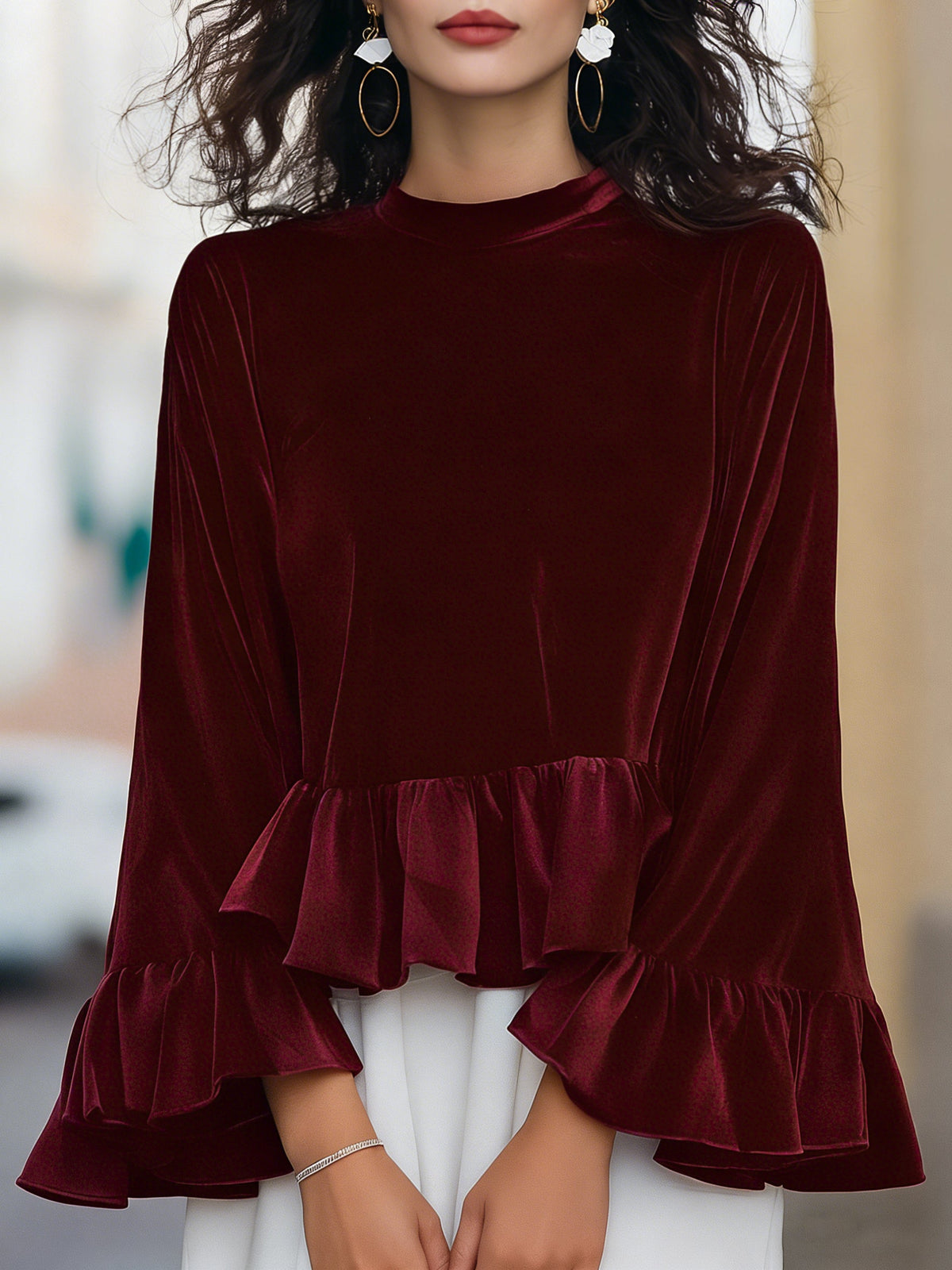 Round Neck Velvet Ruffle-Trim Blouse Burgundy