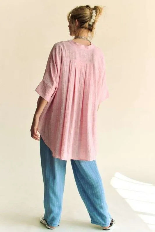 Davi & Dani Rhinestone Pleat Back Short Sleeve Loose Fit Shirt