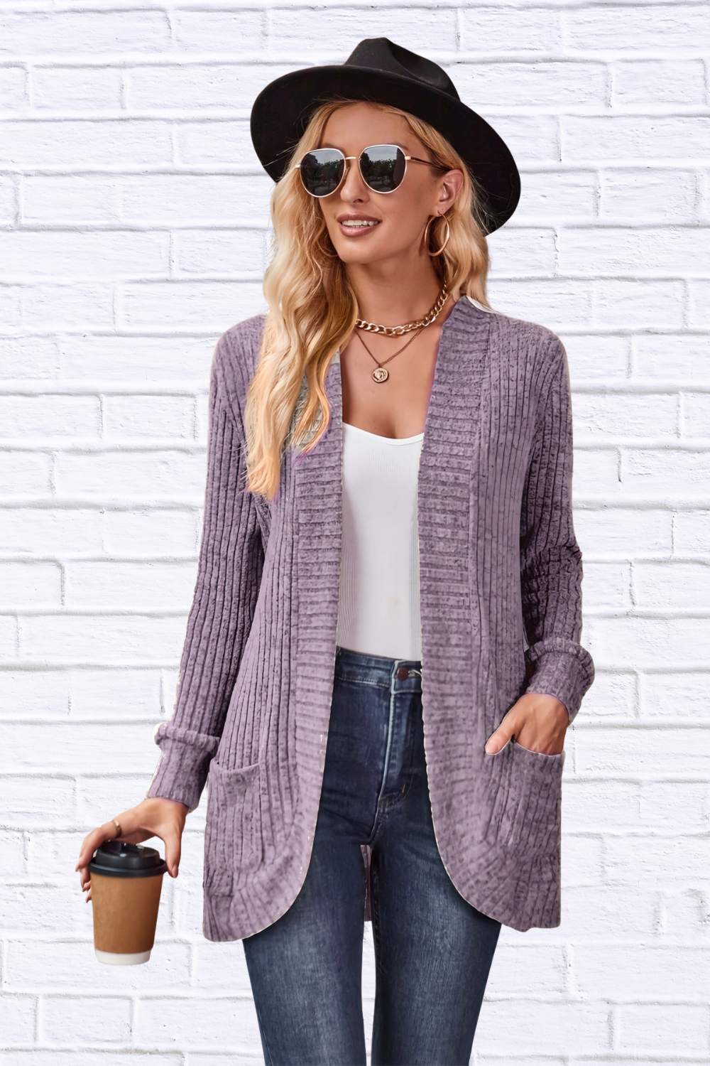 Ribbed Open Front Long Cardigan with Pockets Lavender