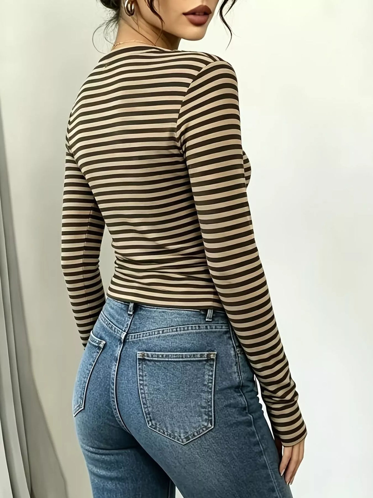 Long Sleeve Striped T-Shirt with Front Tie Detail