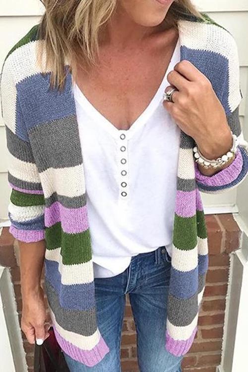 Rainbow Stripes Open Front Cozy Sweater Cardigan Purple