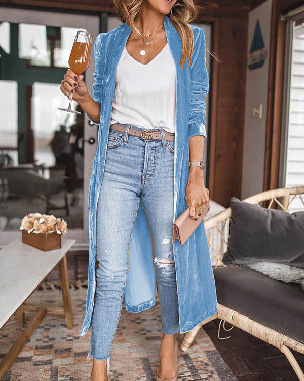 Clidress Loose Elastic Velvet Long Cardigan Jacekt Coat