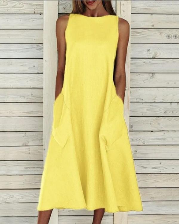 Clidress Big Pocket A Line Cotton Dress Yellow