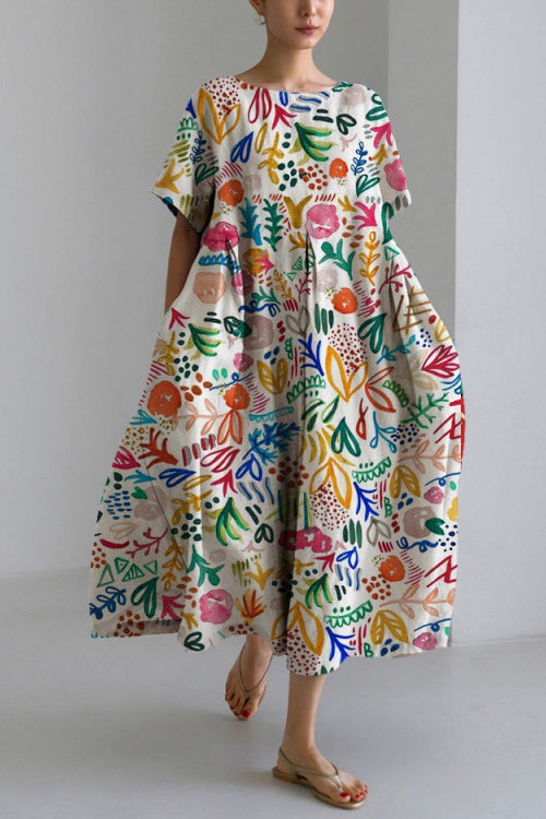 Printed Short Sleeves Pocketed A-line Midi Dress Red