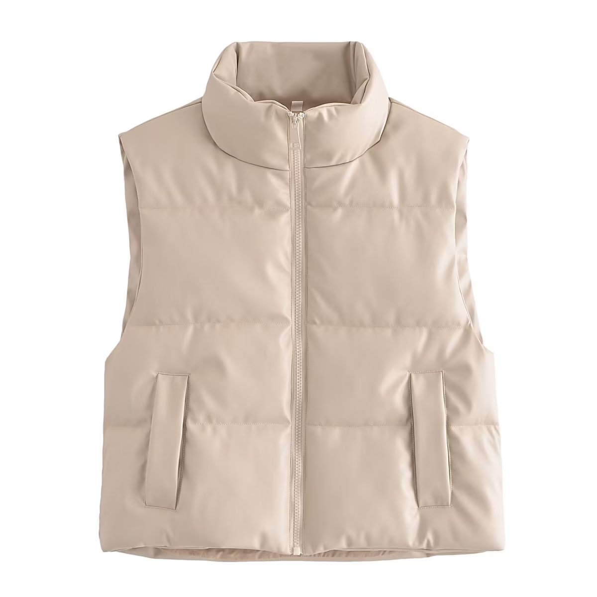 Faux Leather Sleeveless Padded Jacket Vest Ivory