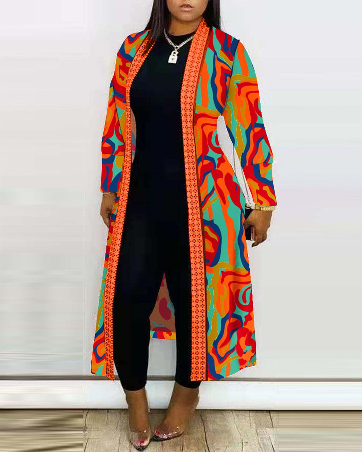Printed Long Sleeve Cardigan Shawl Red