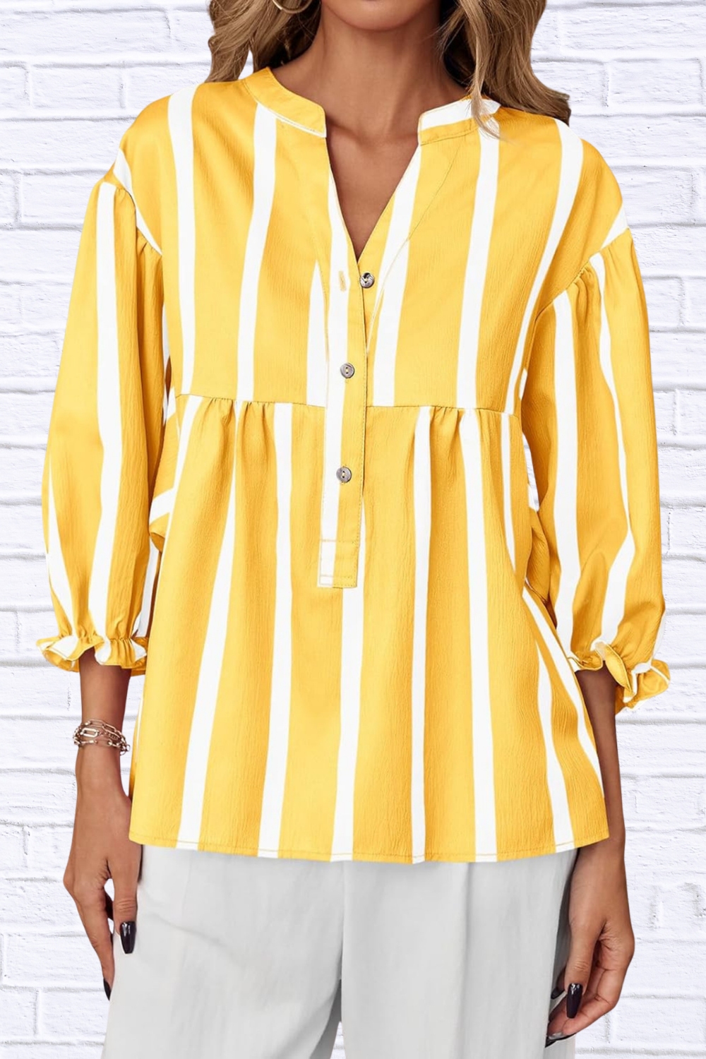 Striped Button Front Notched Blouse Yellow