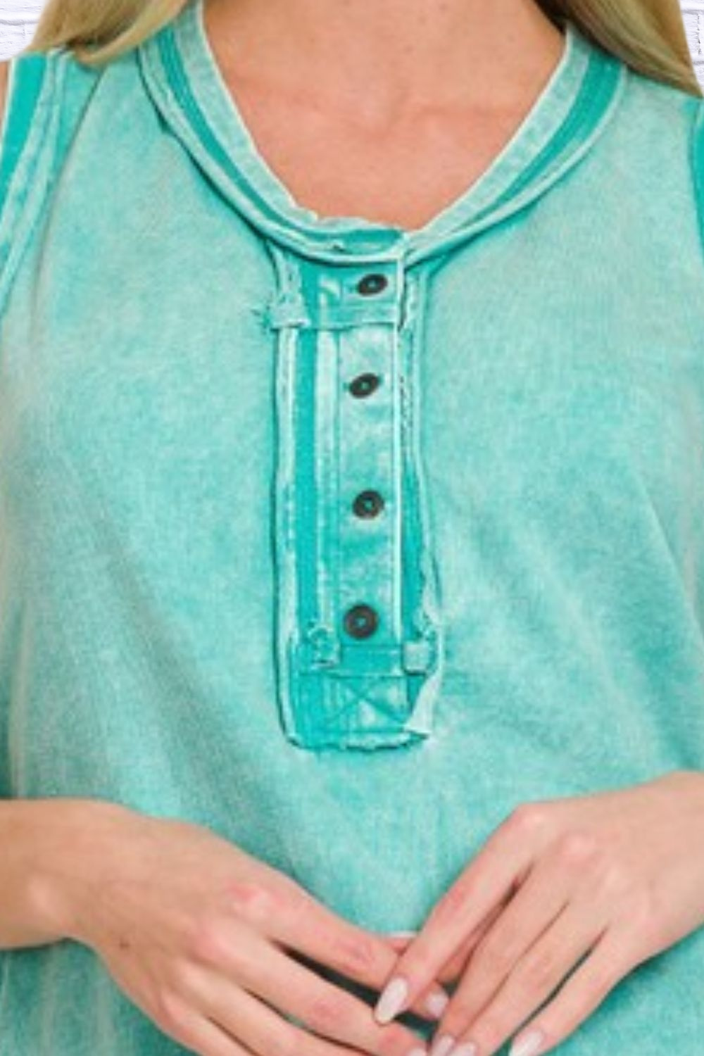 Zenana Washed Half-Button Raw Edge Sleeveless Henley Top