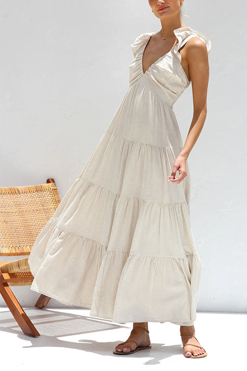 V Neck Ruffle Trim Tiered Sleeveless Linen Maxi Dress Beige