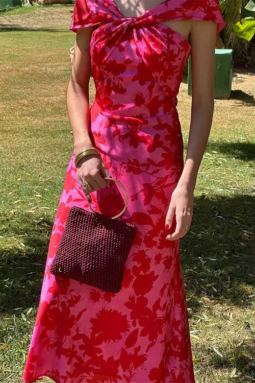 Twist Front High Waist Floral Print Midi Dress