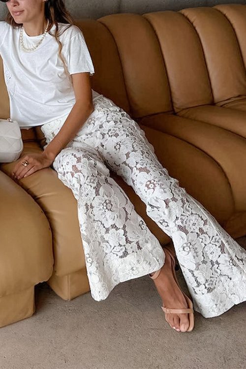 Elastic Waist Bell Bottoms Lace Hollow Out Pants