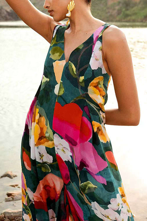 V Neck Sleeveless Floral Print Wide Leg Jumpsuit