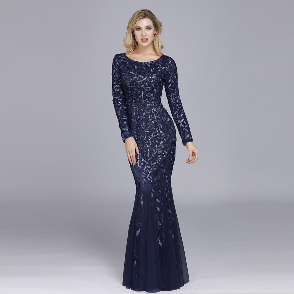 Jennifer Long Sleeves Elegant Sequin Evening Gown Navy Blue