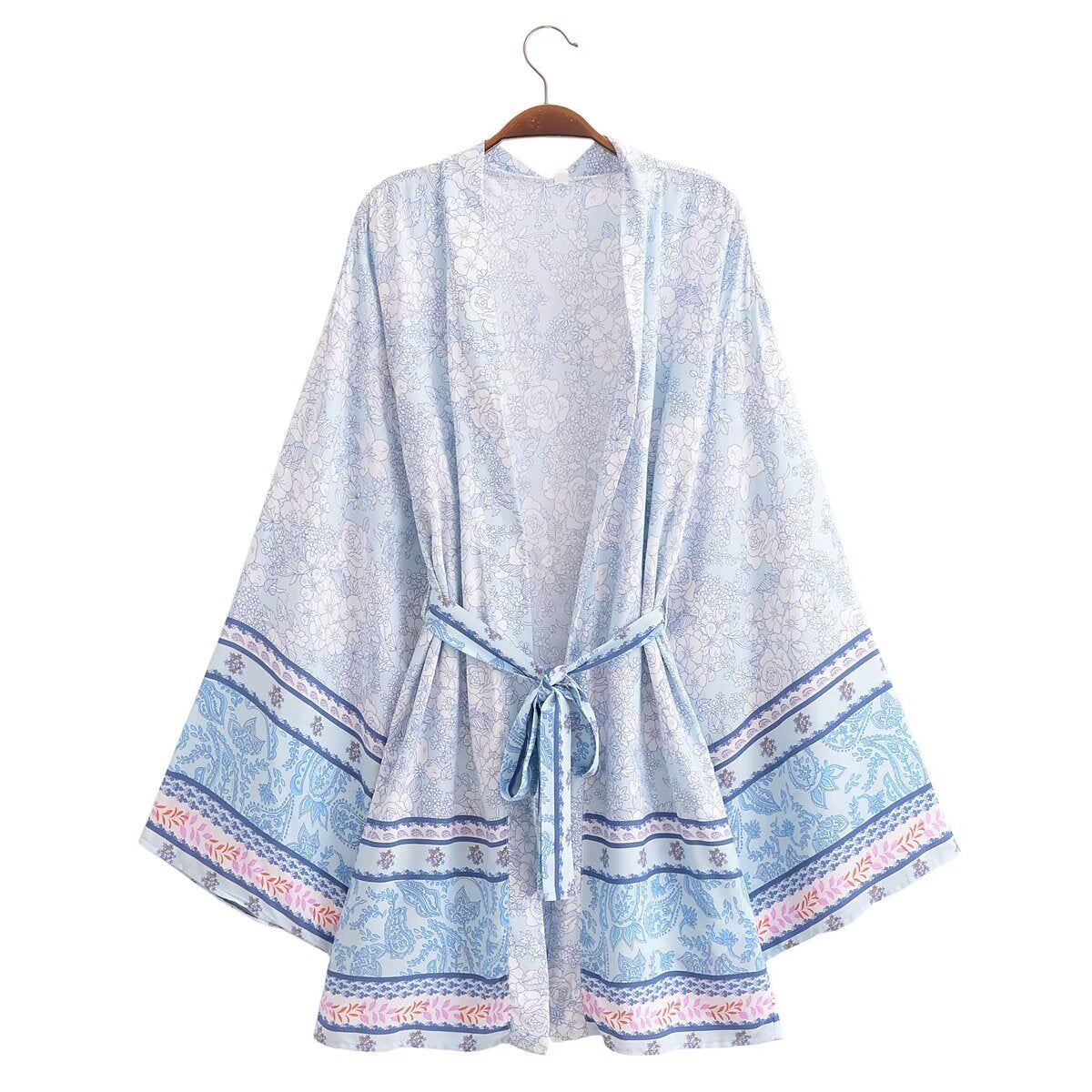 Rayon Printed Loose Kimono Coat Light Blue