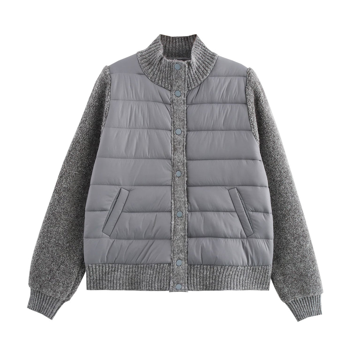 Stand-Collar Knitted Patchwork Jacket Gray