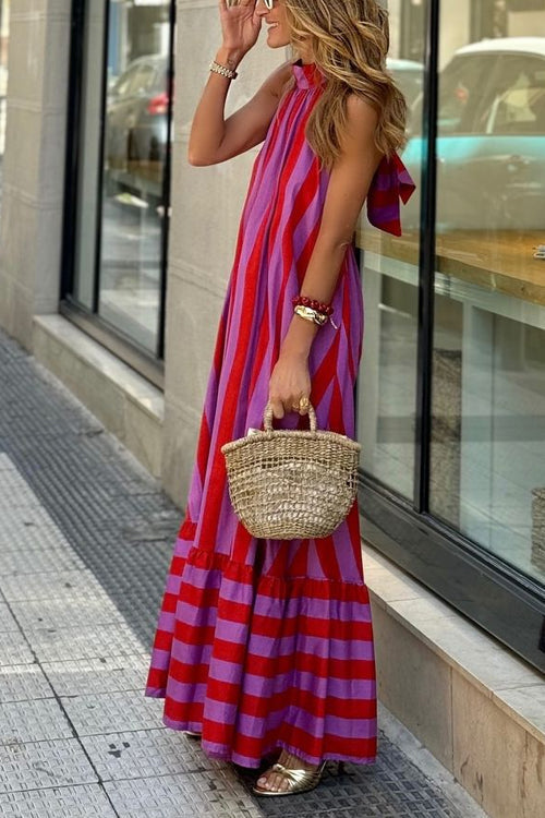 Halter Neck Open Back Striped Ruffle Maxi Vacation Dress