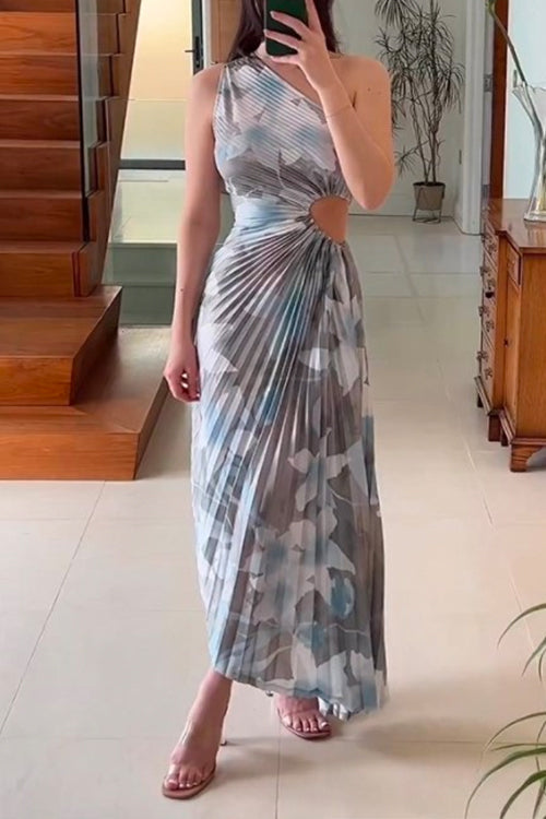 Printed One Shoulder Cut Out Waist Pleated Irregular Dress Gray