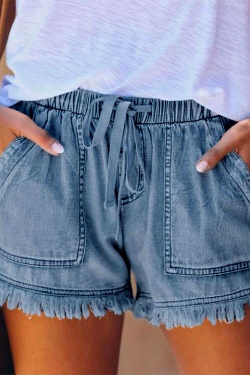Drawstring High Waist Raw Hem Pockets Shorts DarkBlue