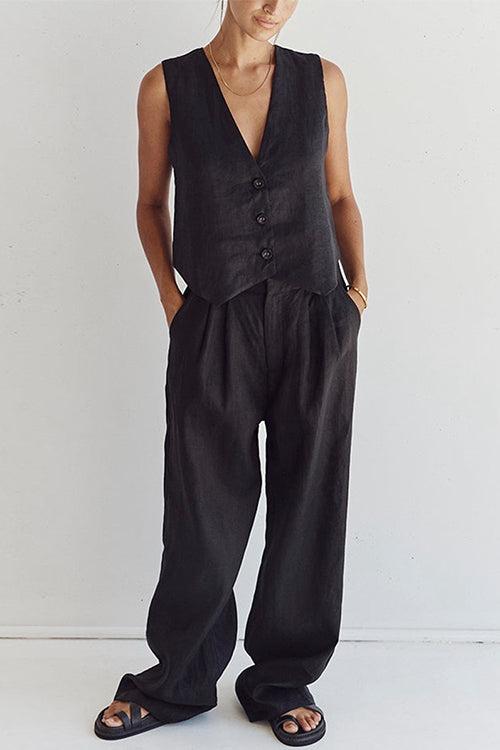 V Neck Button Down Blazer Vest and Wide Leg Pants Set Black