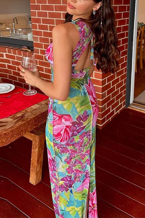 Sleeveless Back Cut Out Slit Tropical Floral Print Maxi Dress