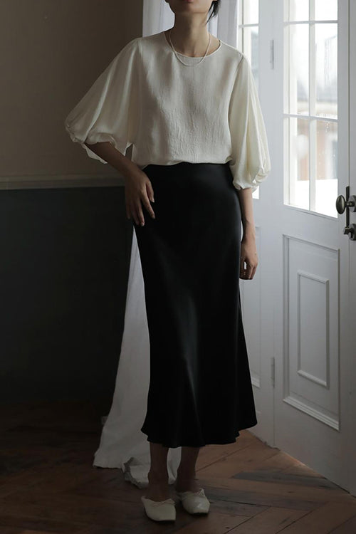 High Waist Comfy Satin Midi Skirt Black