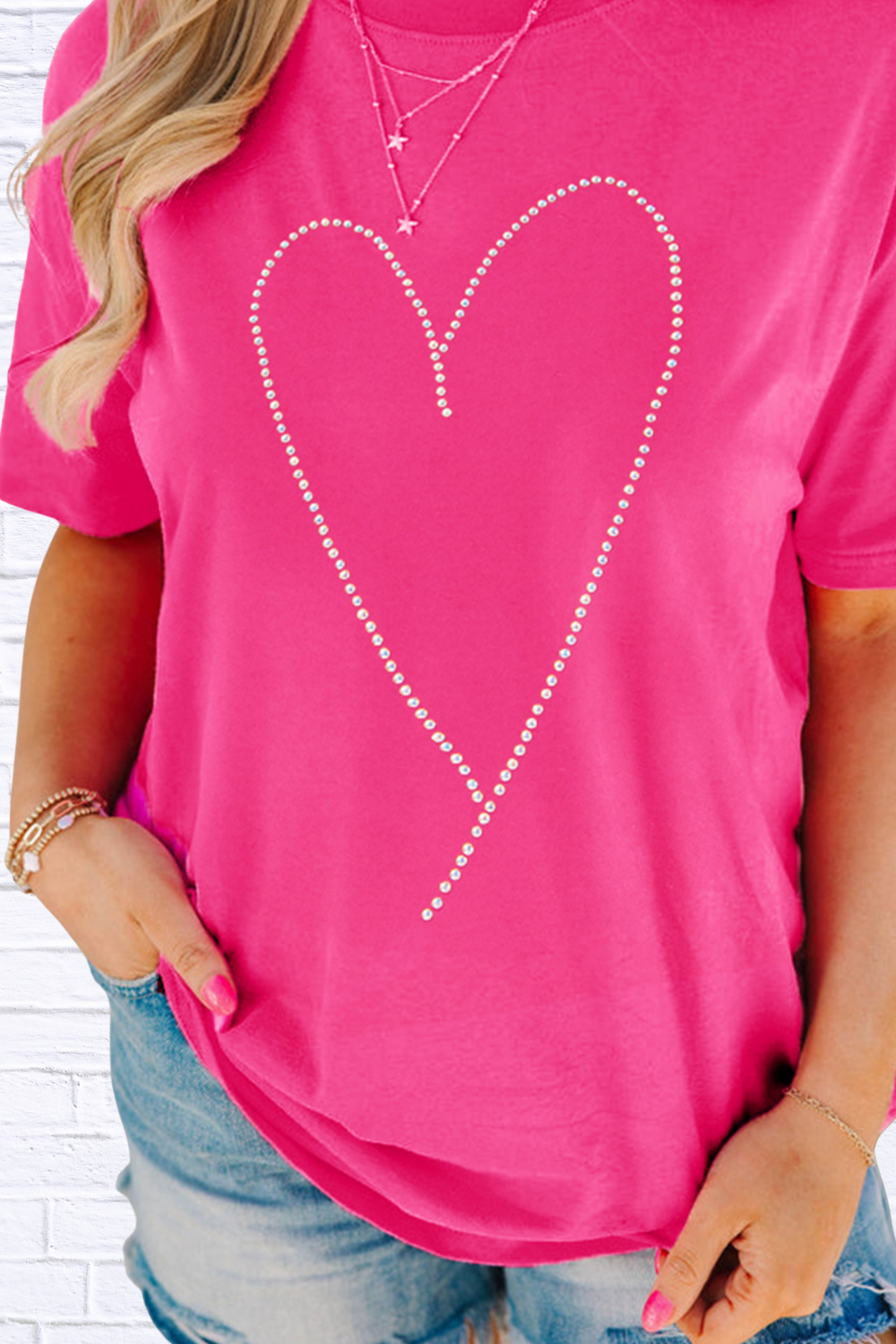 Rhinestone Heart Graphic Crew Neck Valentines Tee