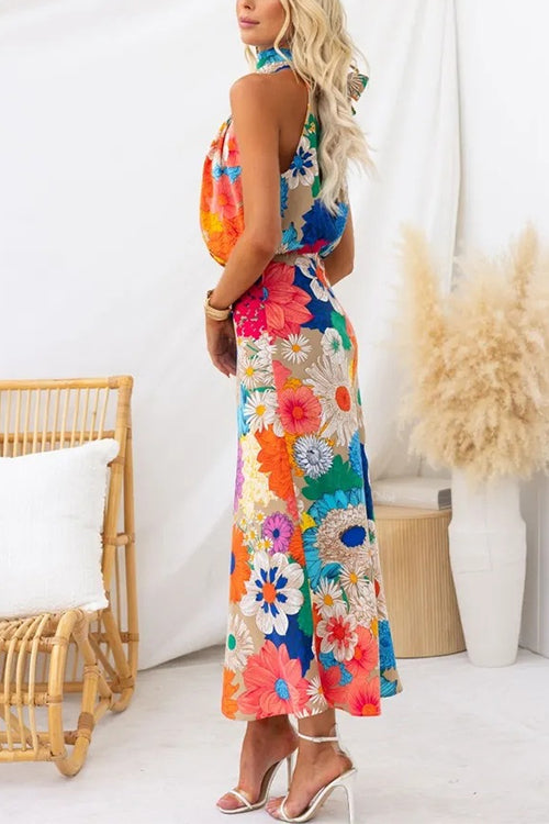 Sleeveless Tie Neck Waisted Floral Print Maxi Dress
