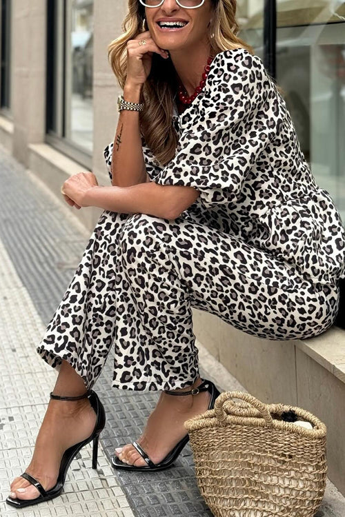 Half Sleeves Button Up Ruffle Shirt and Straight Leg Pants Leopard Set