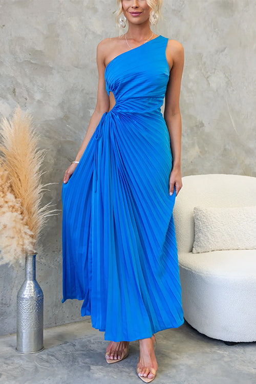 One Shoulder Drawstring Cut Out Waist Pleated Maxi Dress