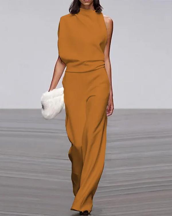 Clidress One Shoulder Pile Collar Jumpsuit
