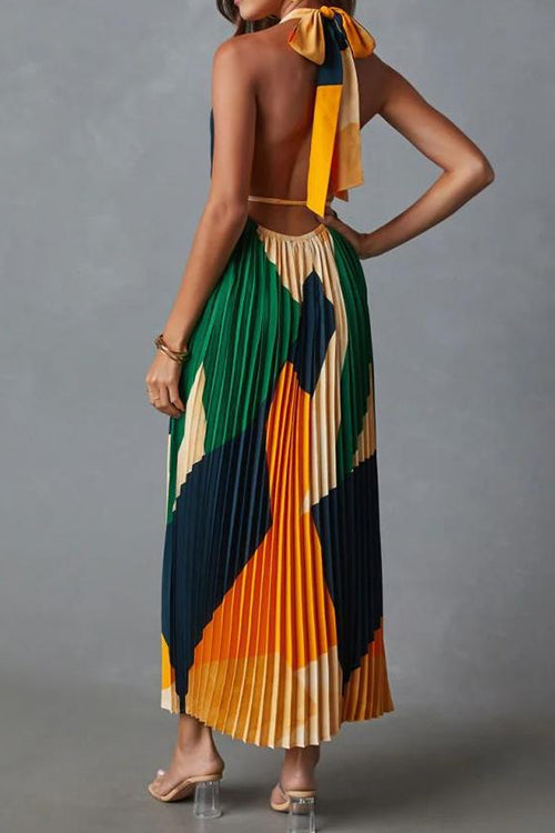 Halter Backless Color Block Printed Maxi Pleated Dress