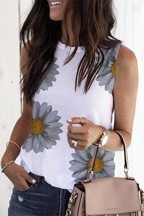 Crewneck Sleeveless Sunflower Tops Sunflower