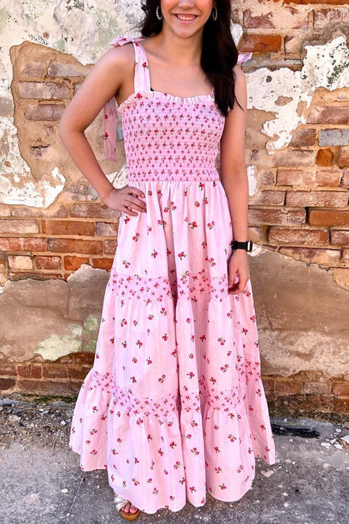 Tie Shoulder Splice Floral Print Ruffle Maxi Cami Dress
