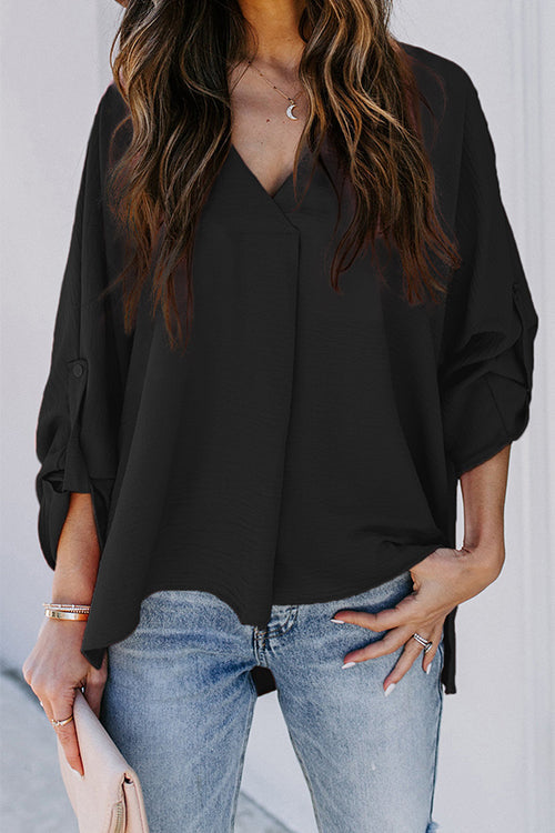 V Neck Roll Up Long Sleeves Blouse Shirt
