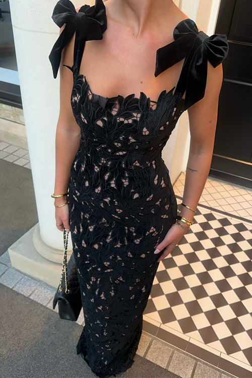 Bow Shoulder Lace Hollow Out Bodycon Maxi Cami Dress