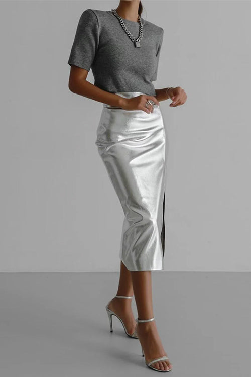 High Waist Slit Front Faux Leather Midi Skirt