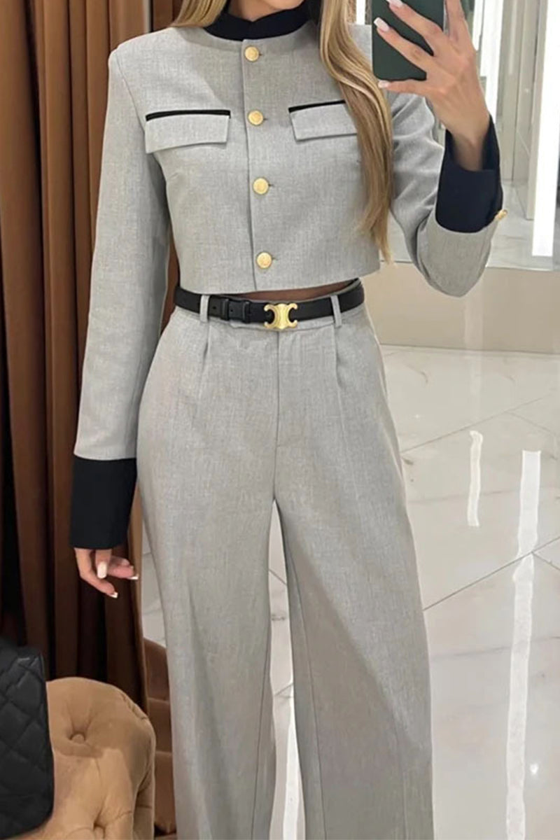British Style Elegant Solid Pocket Buttons Without Belt O Neck Long Sleeve Two Pieces(No Belt) Grey