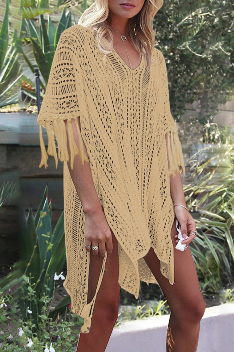 Sexy Solid Tassel Hollowed Out Slit Swimwears Cover Up Apricot One Size