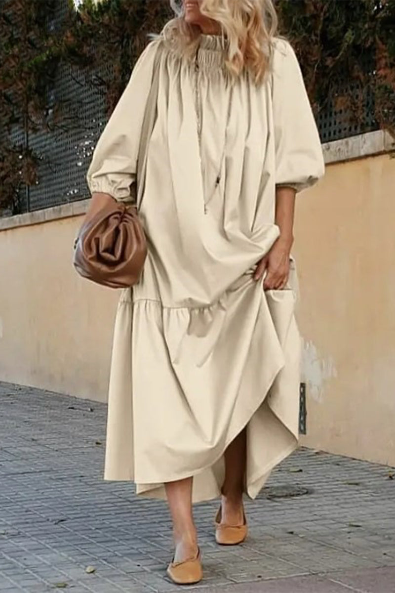 Casual Solid Patchwork Off the Shoulder A Line Dresses Khaki