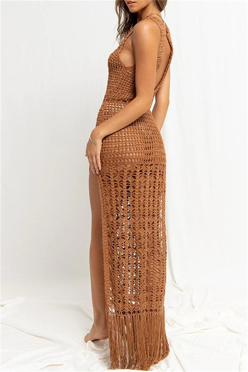 Casual Solid Tassel Hollowed Out See-through Slit O Neck Beach Dresses