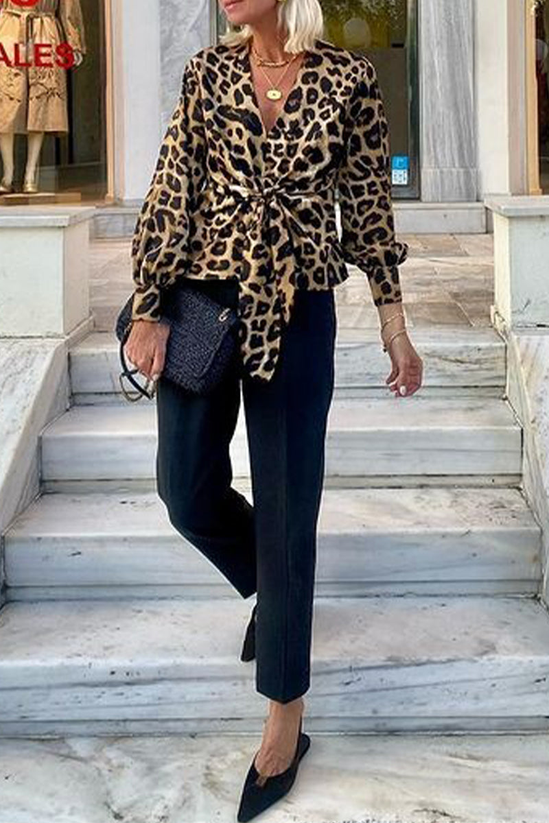 Street Elegant Leopard Print Lace Up V Neck Tops