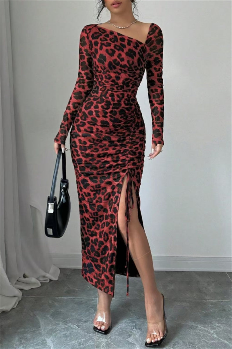 Sexy Casual Leopard Print Draw String Lace Up Slit Oblique Collar Long Sleeve Dresses