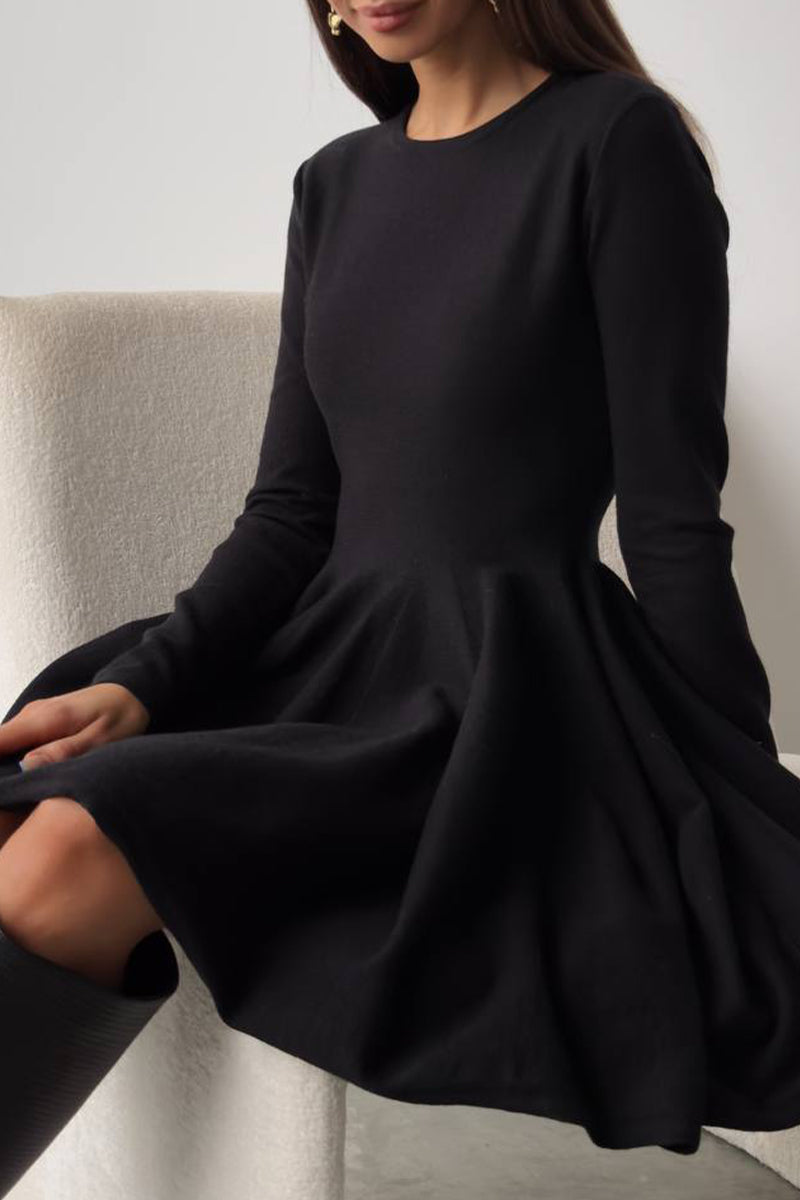 Elegant Solid Color Ruched O Neck Sweater Dress Dresses