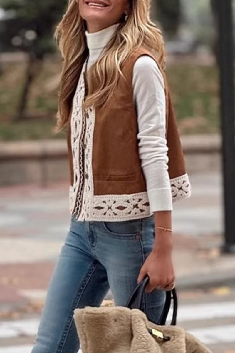 Casual Solid Color Lace Patchwork O Neck Tops