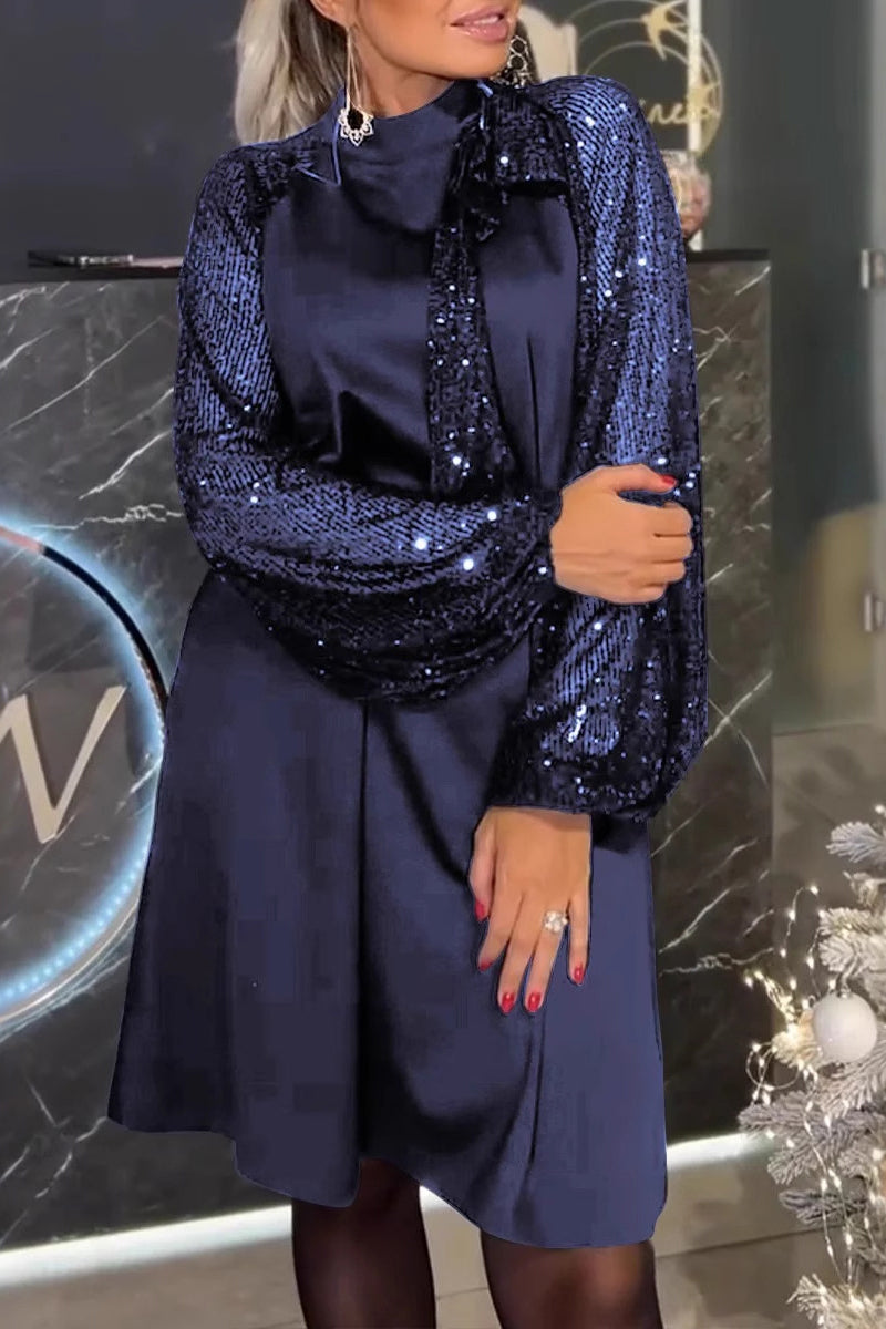 Elegant Solid Color Sequins Sequined Half A Turtleneck A Line Dresses