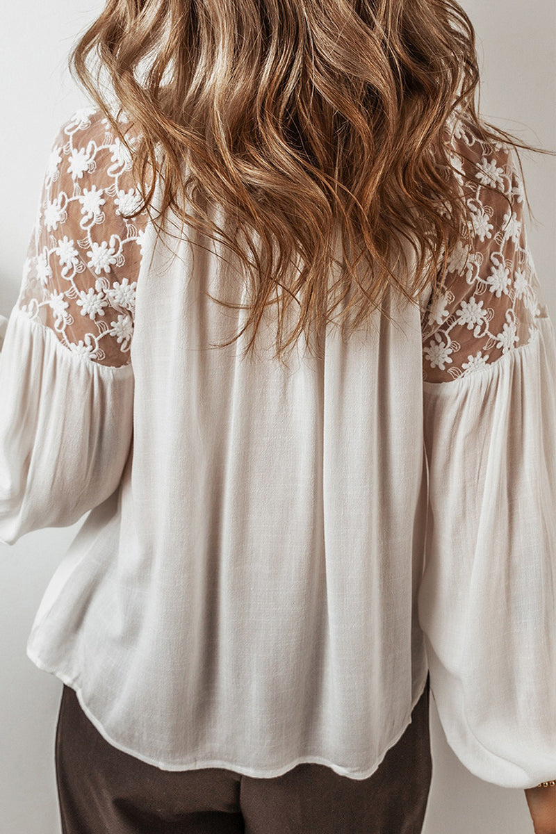Casual Solid Color Lace Lace Up Patchwork V Neck Tops