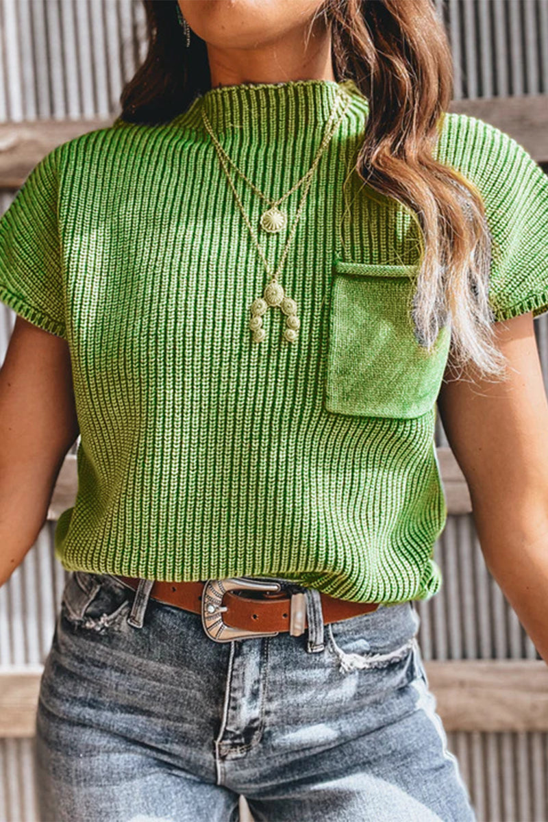 Casual Solid Color Pocket Half A Turtleneck Tops