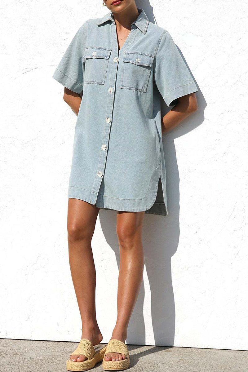 Casual Solid Color Distressed Buttons Turndown Collar Short Sleeve Loose Denim Dresses