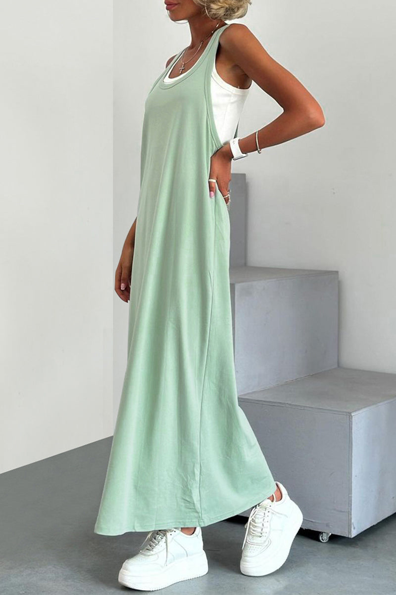 Casual Solid Color Patchwork U Neck Sleeveless Two Pieces